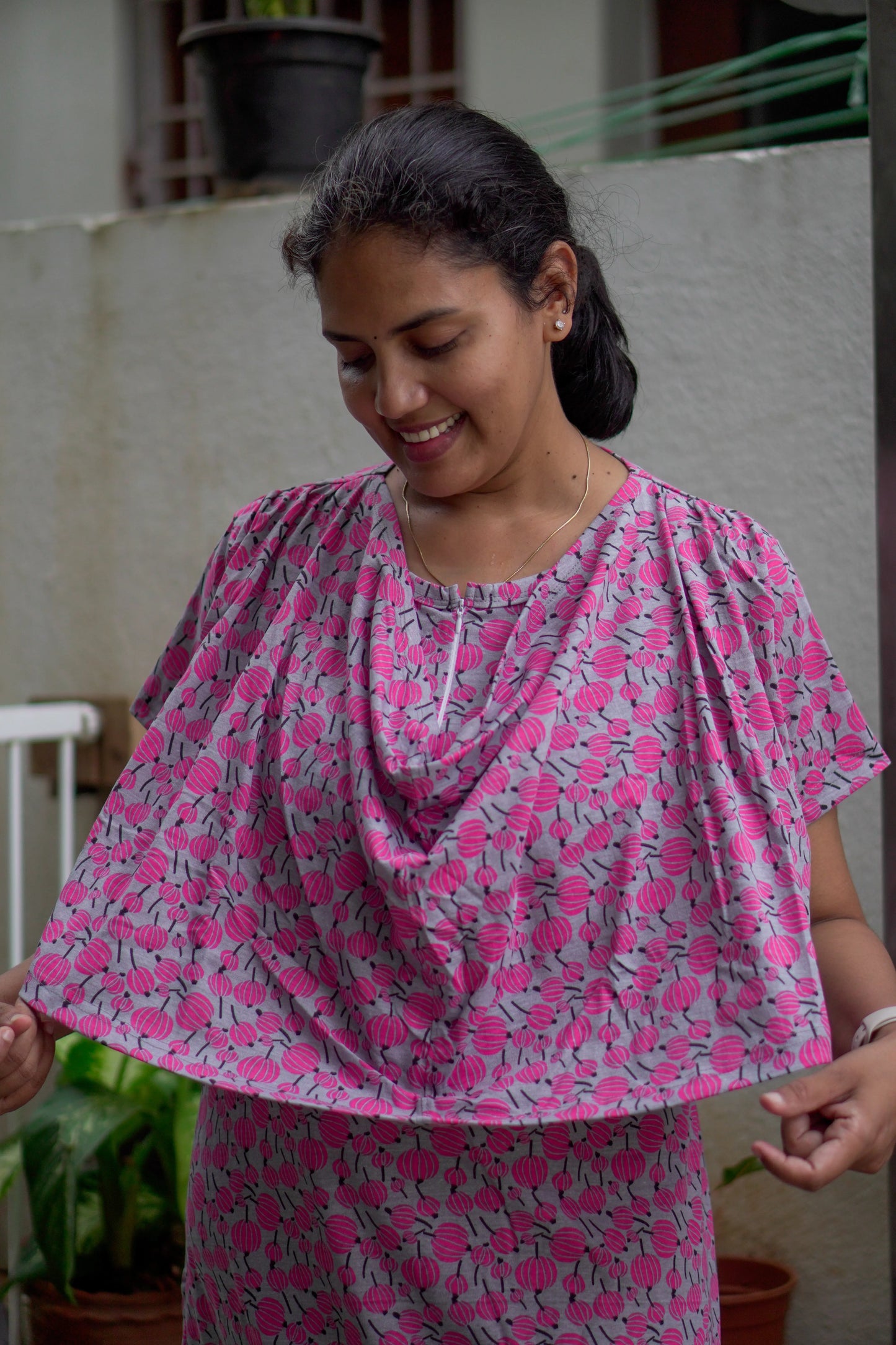 Pink Lantern Dupatta Feeding Nighty