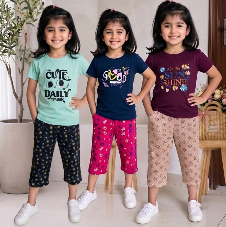 Girls’ Printed 3/4th T-Shirt & Pant Combo Pack of 3 ( green , blue, brown )