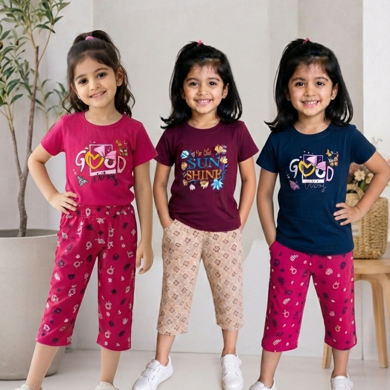 Girls’ Printed 3/4th T-Shirt & Pant Combo Pack of 3 ( pink, brown , blue )