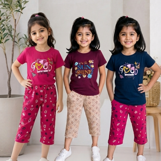 Girls’ Printed 3/4th T-Shirt & Pant Combo Pack of 3 ( pink, brown , blue )