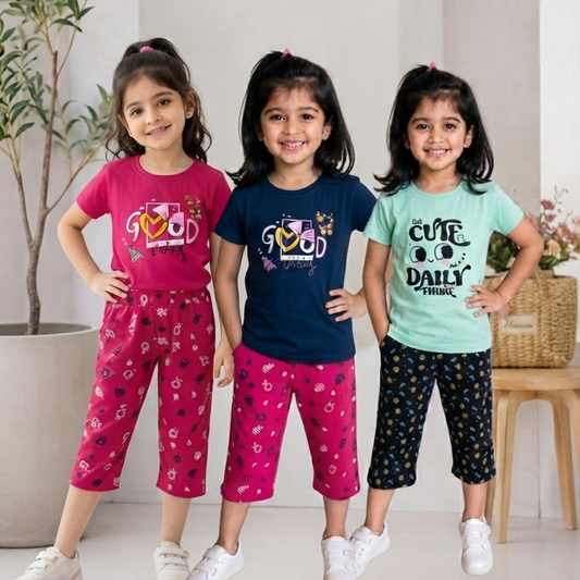 Girls’ Printed 3/4th T-Shirt & Pant Combo Pack of 3 ( pink, blue, green )