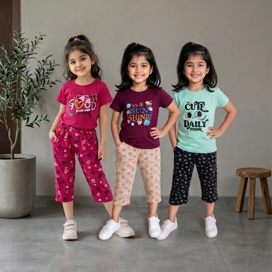 Girls’ Printed 3/4th T-Shirt & Pant Combo Pack of 3 ( pink , brown , green )