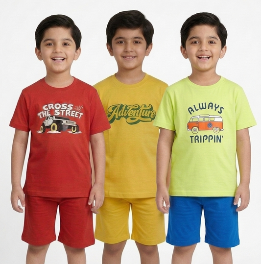 Kids Printed T-Shirt & Shorts Combo Set – Pack of 3 ( red, yellow, lime green )