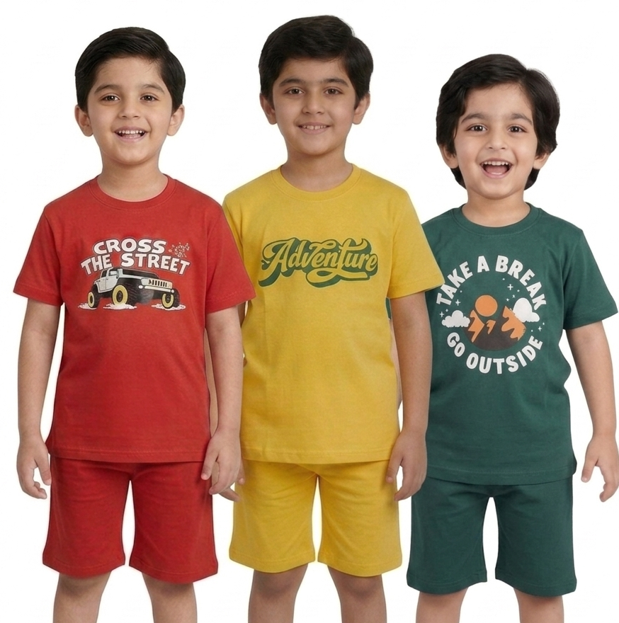 Kids Printed T-Shirt & Shorts Combo Set – Pack of 3 ( red, yellow, green )