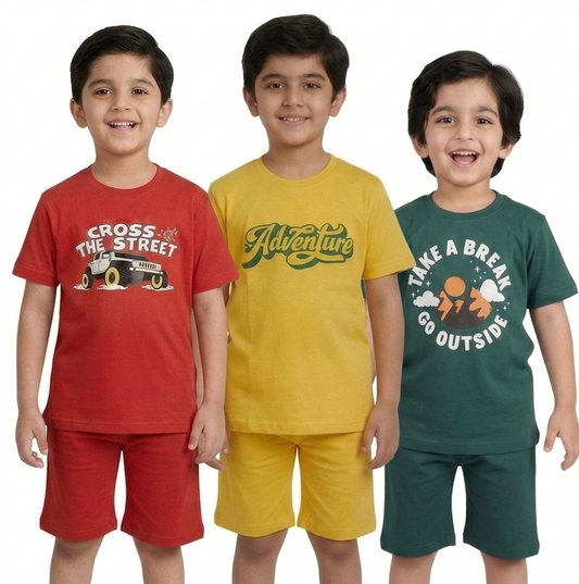 Kids Printed T-Shirt & Shorts Combo Set – Pack of 3 ( red, yellow, green )