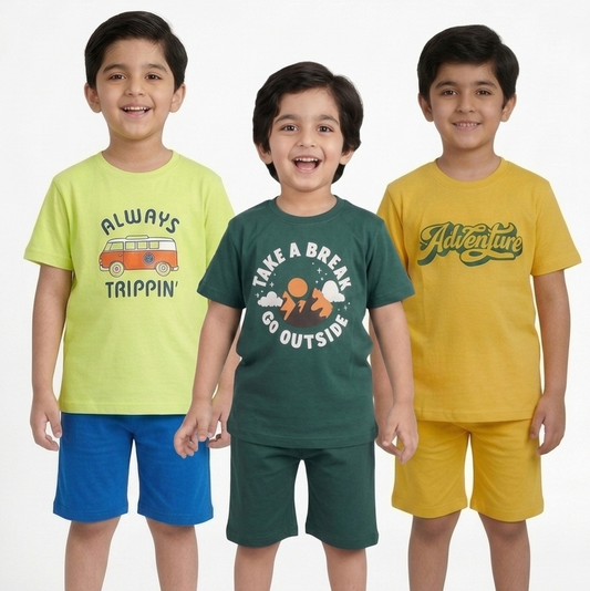 Kids Printed T-Shirt & Shorts Combo Set – Pack of 3 ( Lime green, green, yellow )