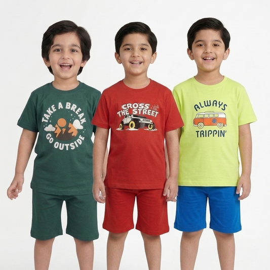 Kids Printed T-Shirt & Shorts Combo Set – Pack of 3 ( green, red, lime green )