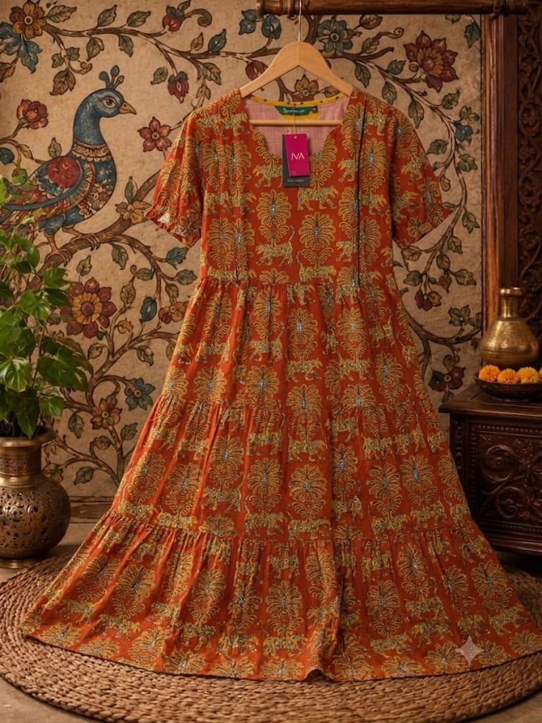 Rust Orange Floral Kalamkari Print Pure Cotton Feeding Long Frock – 50+ Inch