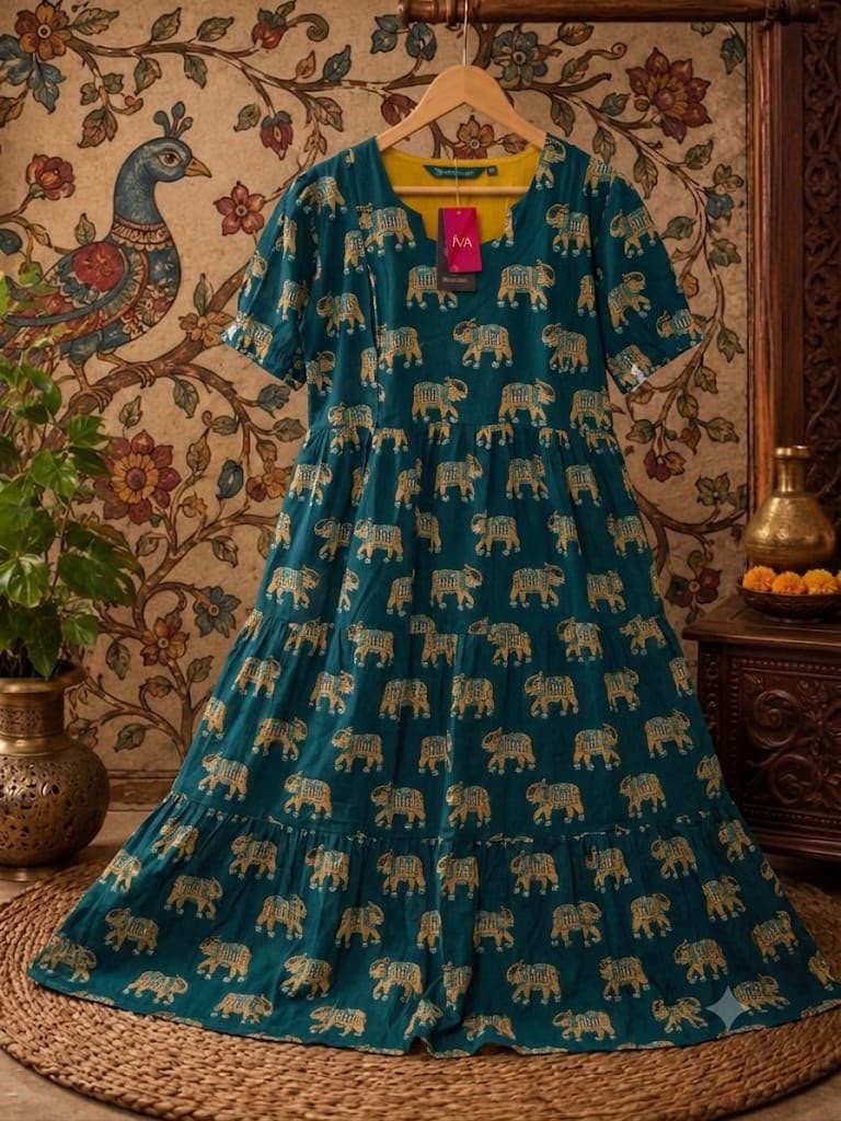 Teal Blue Elephant Kalamkari Print Pure Cotton Feeding Frock – 50+ Inch