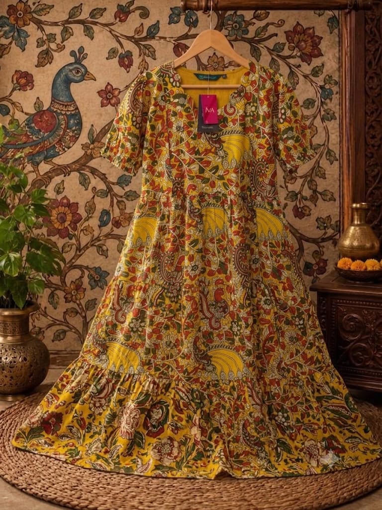Mustard Yellow Kalamkari Paisley Print Pure Cotton Feeding Long Frock – 50+ Inch