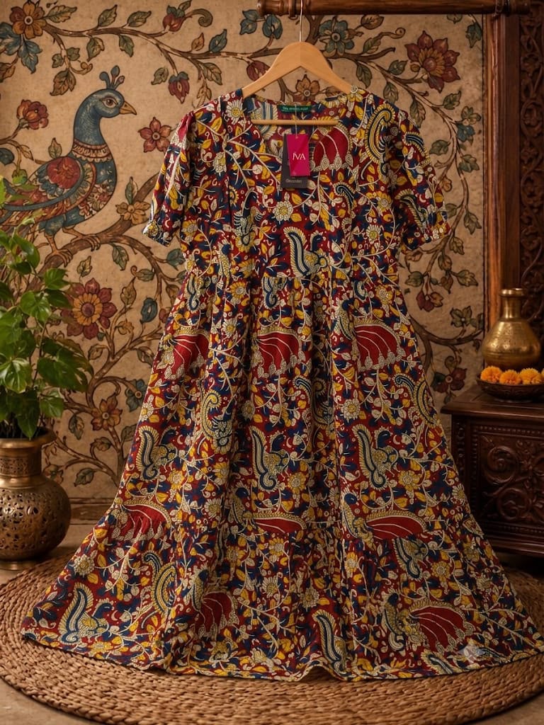 Navy Blue Kalamkari Paisley Print Pure Cotton Feeding Long Frock – 50+ Inch