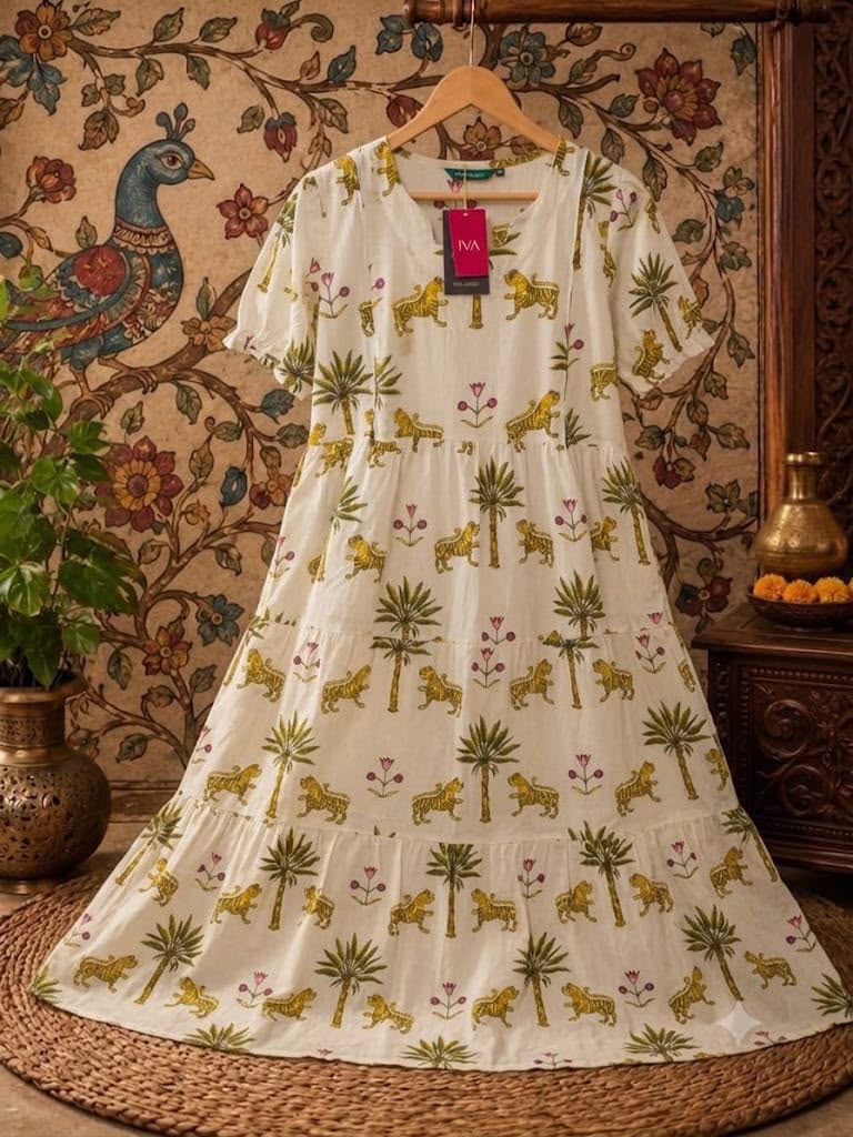 Off-White Tiger & Palm Print Pure Cotton Feeding Long Frock – 50+ Inch