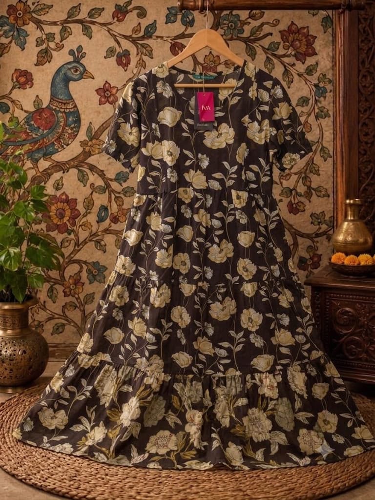 Black Floral Print Pure Cotton Feeding Long Frock – 50+ Inch