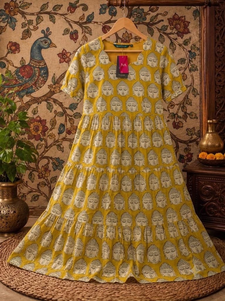 Mustard Yellow Buddha Print Pure Cotton Feeding Long Frock – 50+ Inch